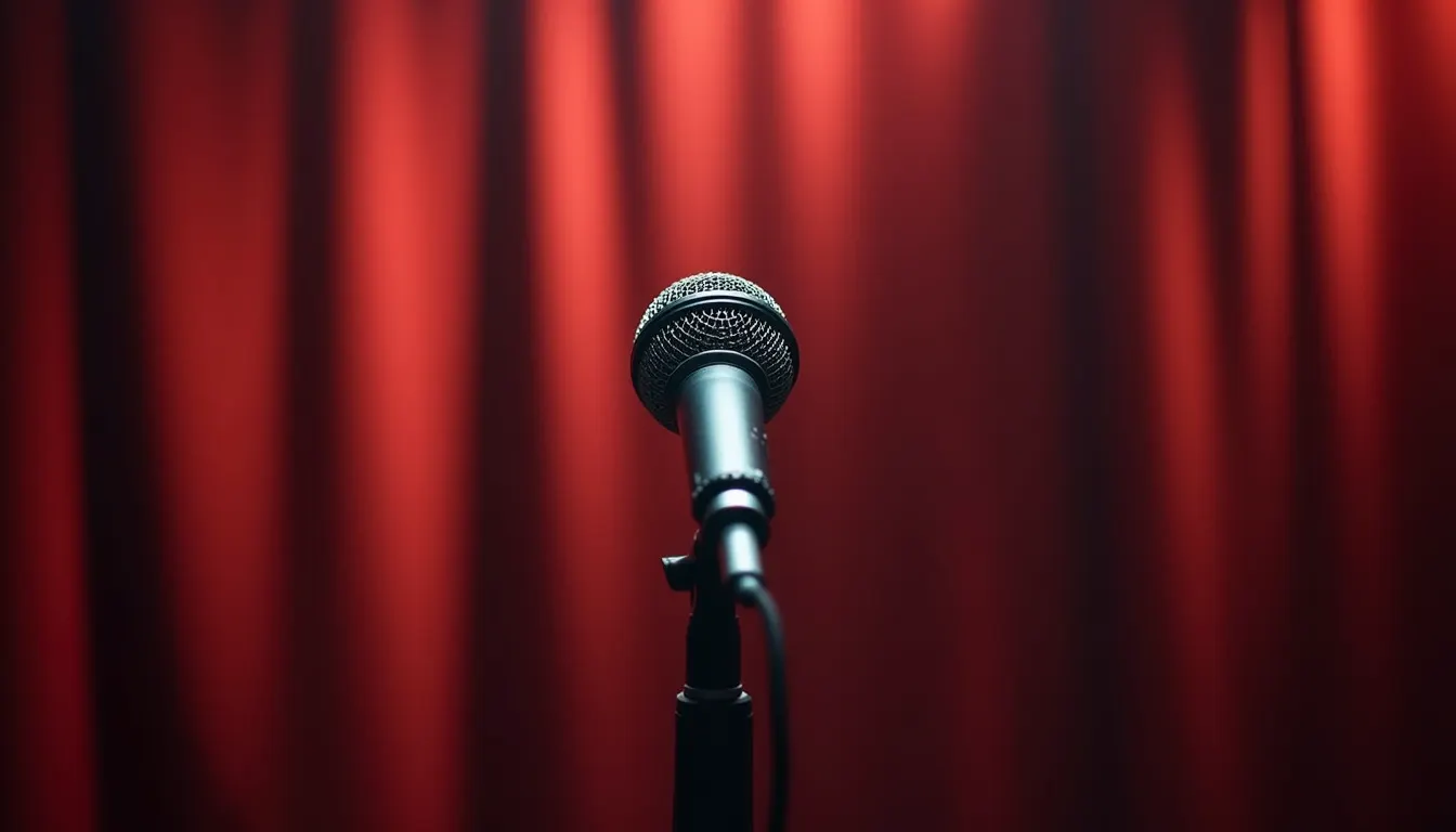 Close-up view of a microphone on a stand with blurred comedy club background