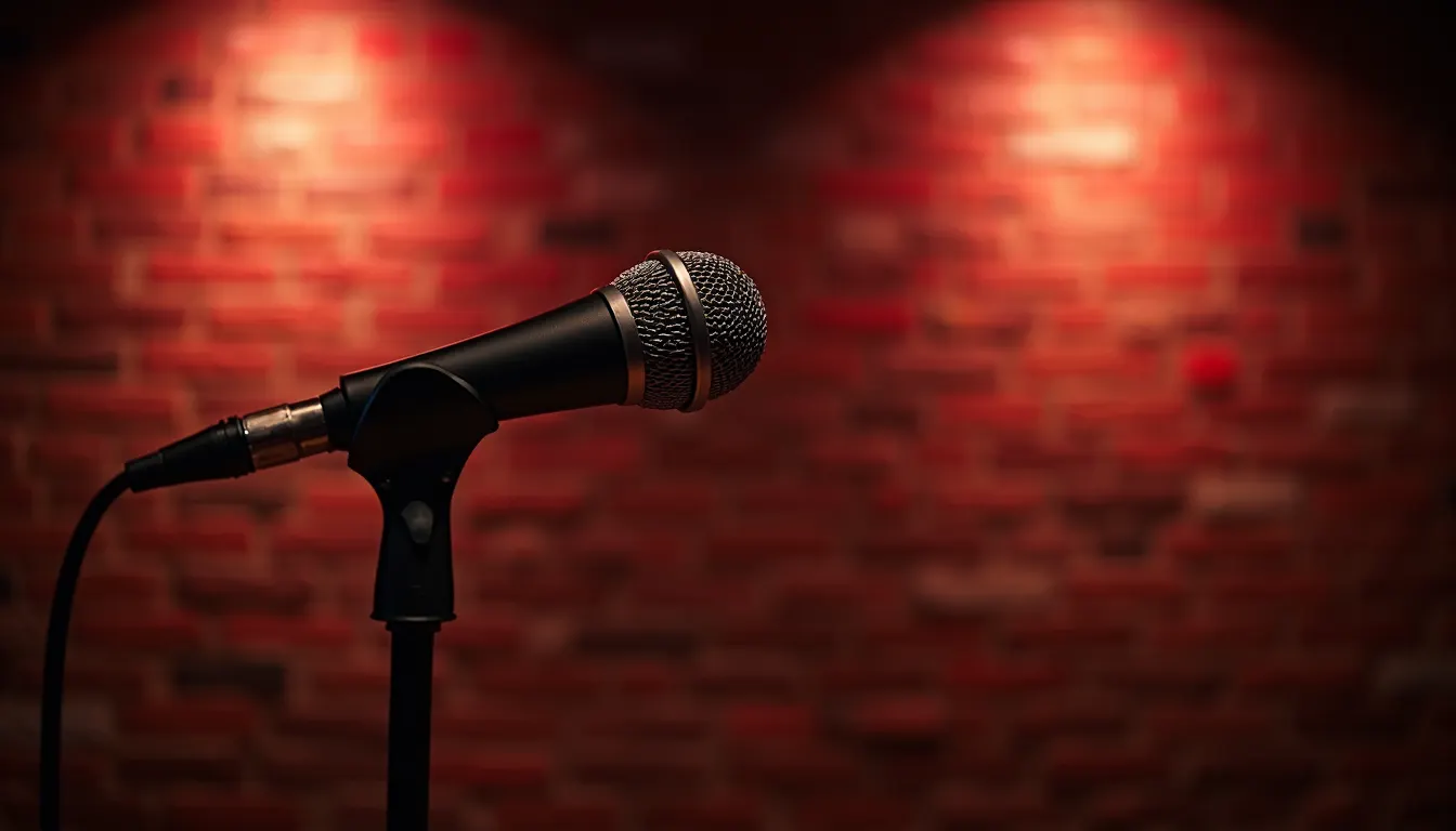 Close-up view of a microphone on stage with a brick wall background typical of NYC comedy clubs