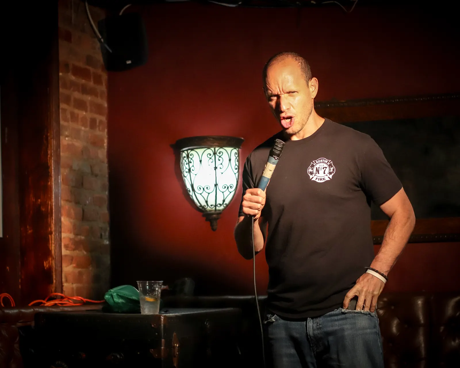 Comedian working the room at Upper East Side Comedy Club inside Bedford Falls NYC
